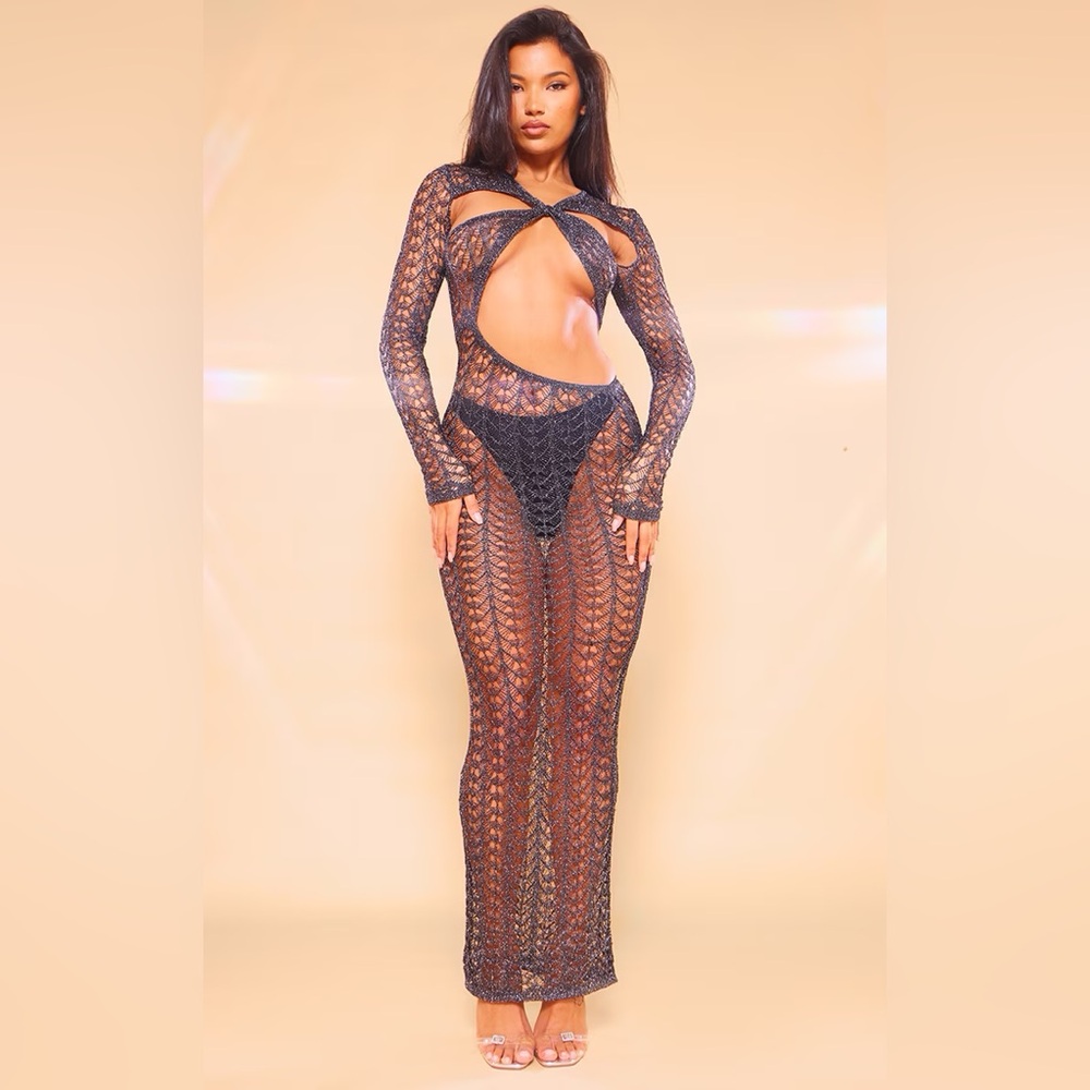 Pretty Little Thing Black Open Knit Glitter Long Sleeve Maxi Dress Cutout XS